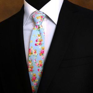 NEW! 100% Cotton Blue Small Floral Tie